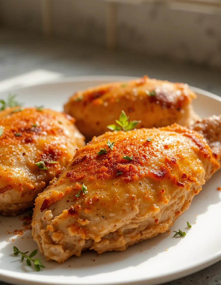 Golden, crispy air fryer chicken breasts on a white plate, garnished with fresh thyme and paprika, glistening with natural juices.