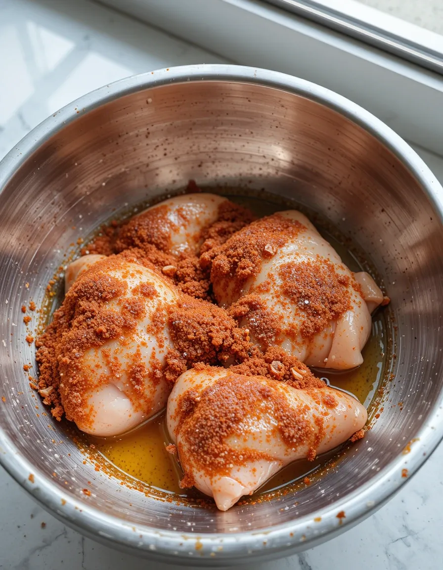 Homemade air fryer chicken breast with a golden, crispy coating, served on a simple dish with a cozy, inviting vibe.