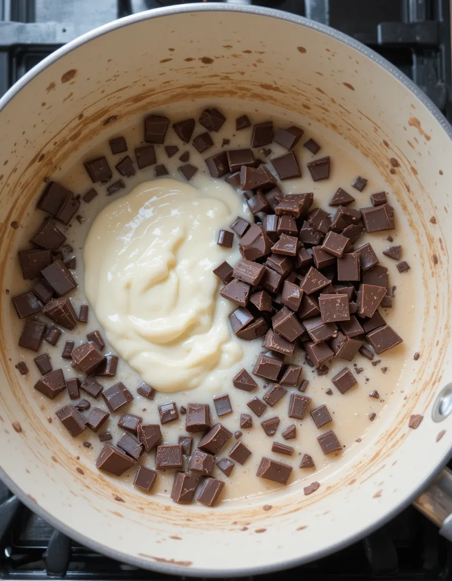 Homemade chocolate fondue served with banana slices, cookies, and marshmallows on a clean white plate.