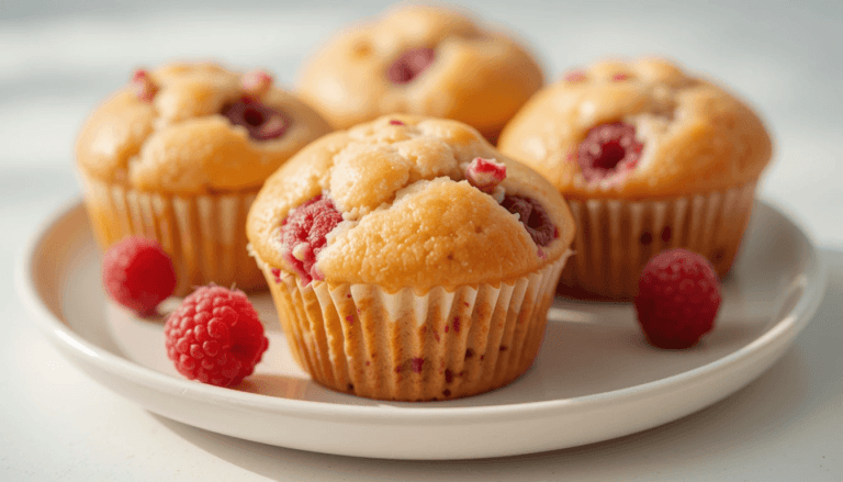 Homemade raspberry cream cheese muffins on a simple
