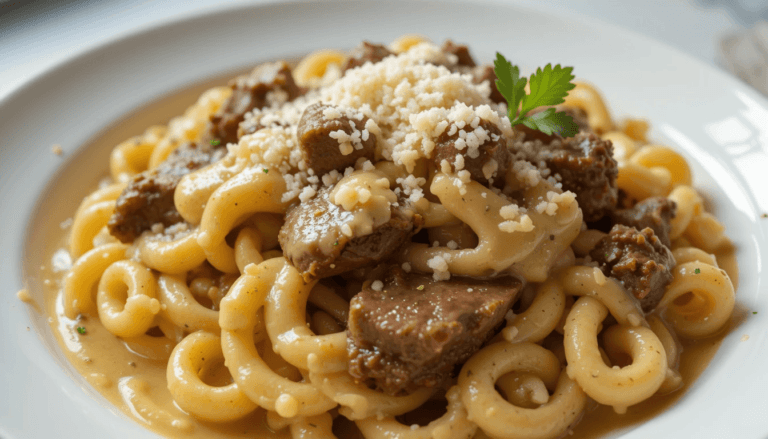 beef and rotini in garlic parmesan sauce
