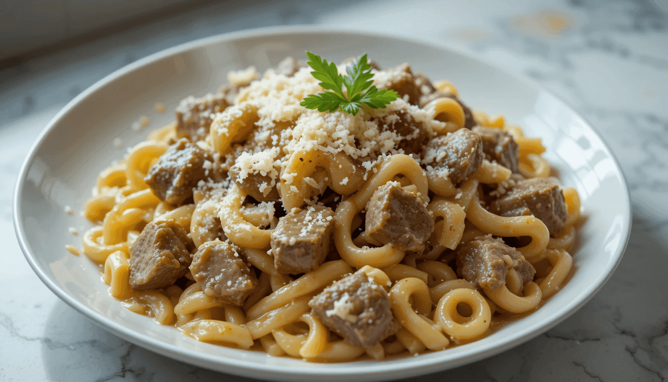 beef and rotini in garlic parmesan sauce