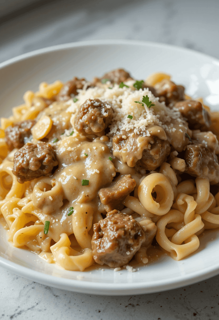 beef and rotini in garlic parmesan sauce