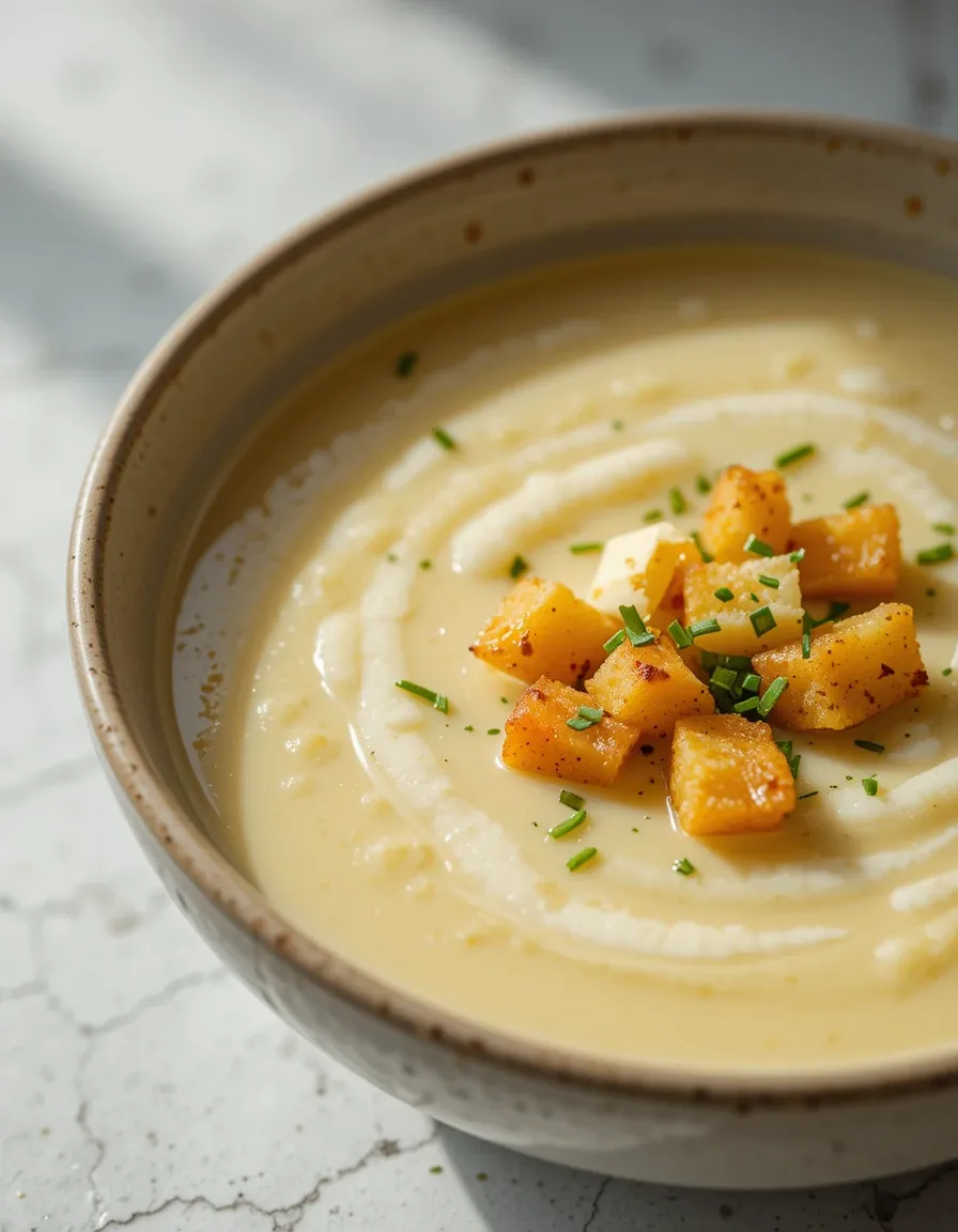 The soup is thick and velvety, with a smooth, pale golden surface.