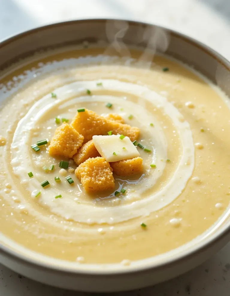 A freshly made bowl of creamy leek and potato soup, served in a neutral ceramic bowl on a clean, light-colored countertop