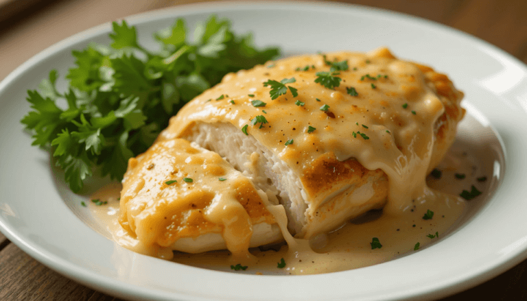 Melt In Your Mouth Chicken Recipe served on a plate with fresh herbs and golden baked perfection