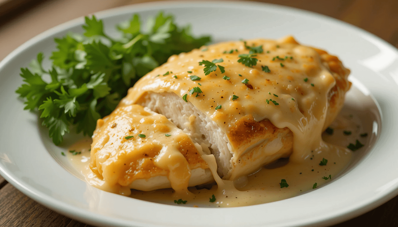 Melt In Your Mouth Chicken Recipe served on a plate with fresh herbs and golden baked perfection