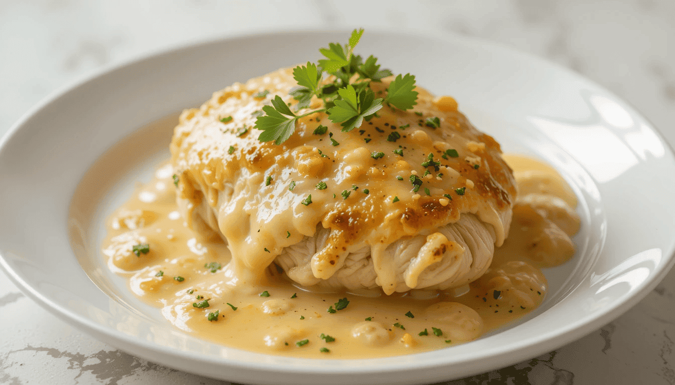 Melt In Your Mouth Chicken Recipe served on a plate with fresh herbs and golden baked perfection.