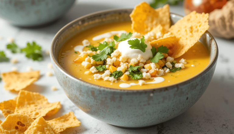 A bowl of creamy Mexican street corn soup topped with crumbled cotija cheese, fresh cilantro, crispy tortilla strips, and a drizzle of sour cream