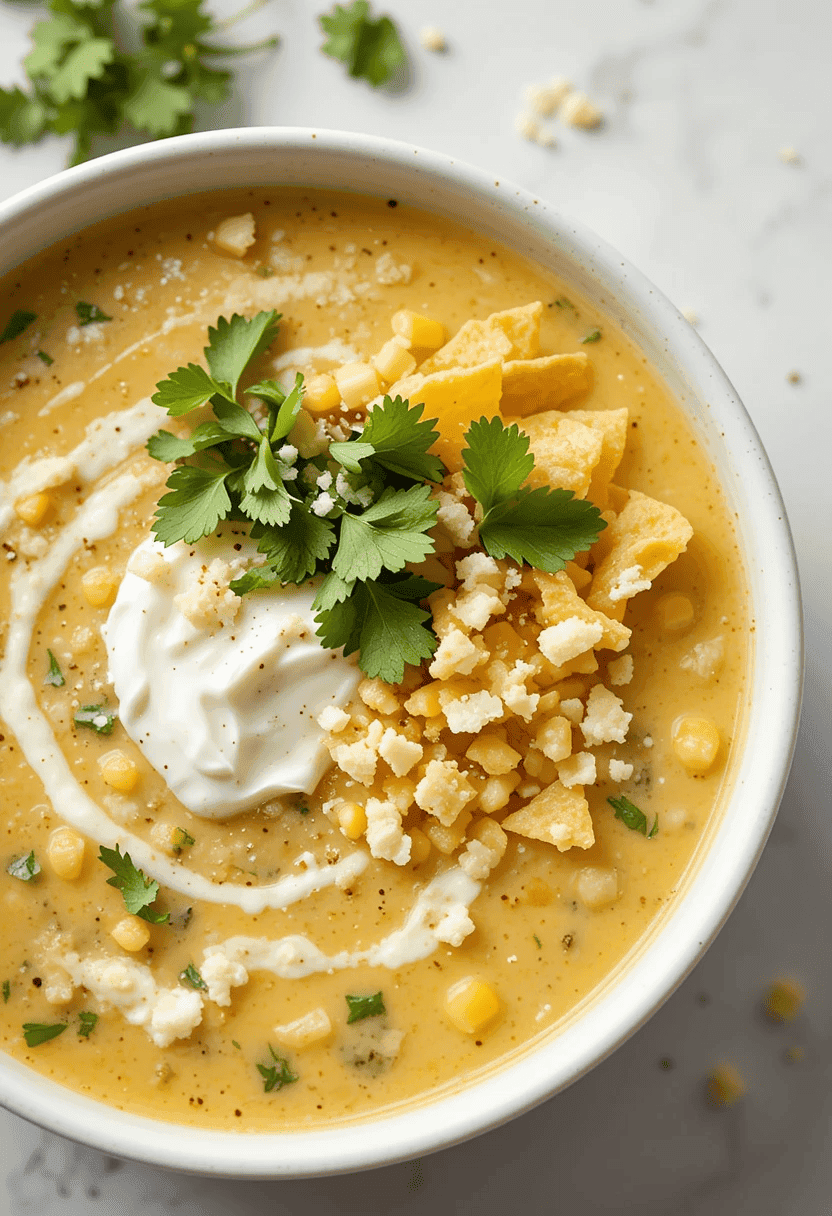 A bowl of creamy Mexican street corn soup topped with crumbled cotija cheese, fresh cilantro, crispy tortilla strips, and a drizzle of sour cream
