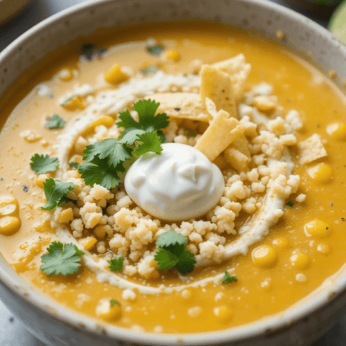 A bowl of creamy Mexican street corn soup topped with crumbled cotija cheese, fresh cilantro, crispy tortilla strips, and a drizzle of sour cream