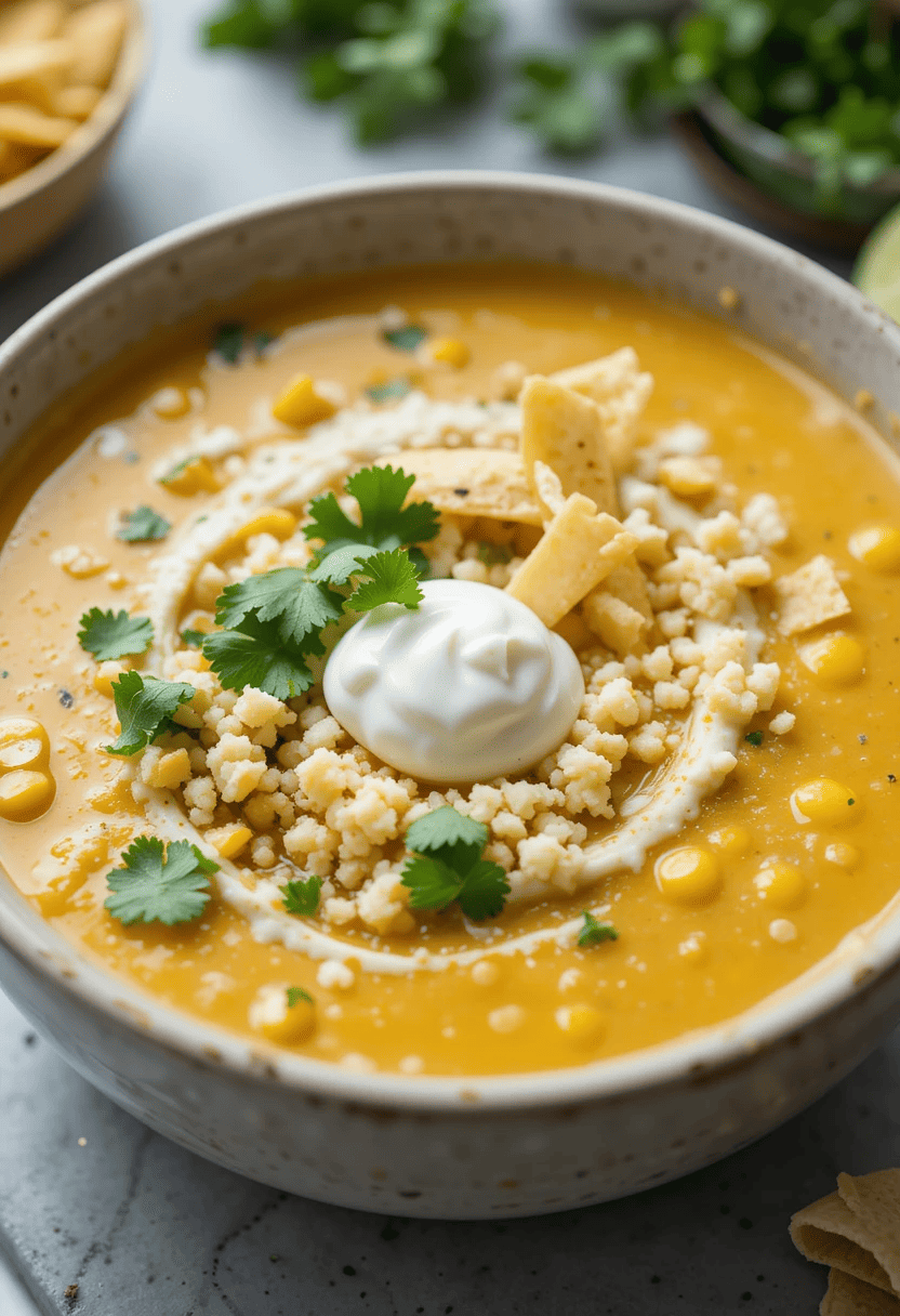 A bowl of creamy Mexican street corn soup topped with crumbled cotija cheese, fresh cilantro, crispy tortilla strips, and a drizzle of sour cream