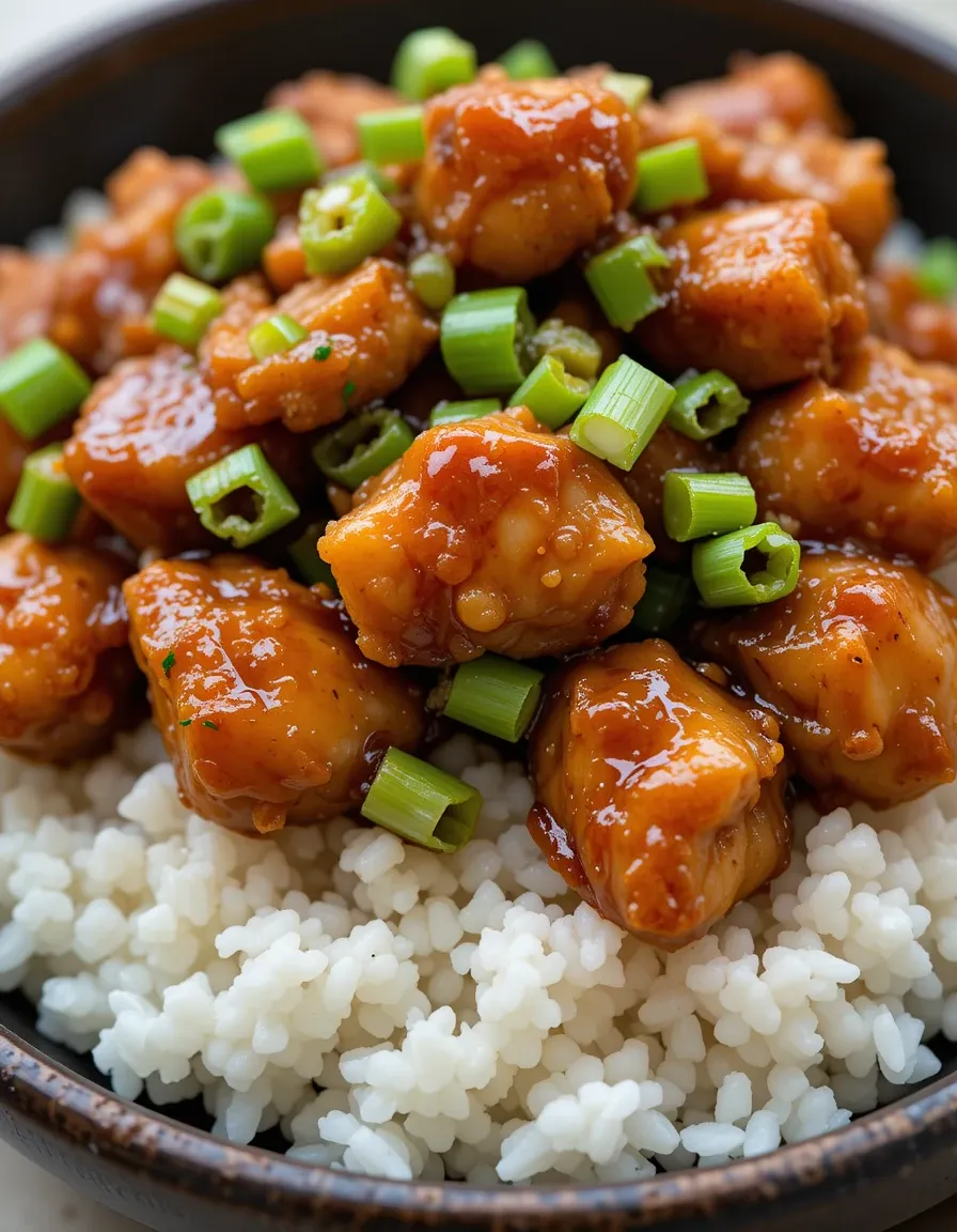 A bowl of crispy Mongolian Chicken served over white rice, coated in a glossy, caramelized soy-based sauce with sliced green onions on top.