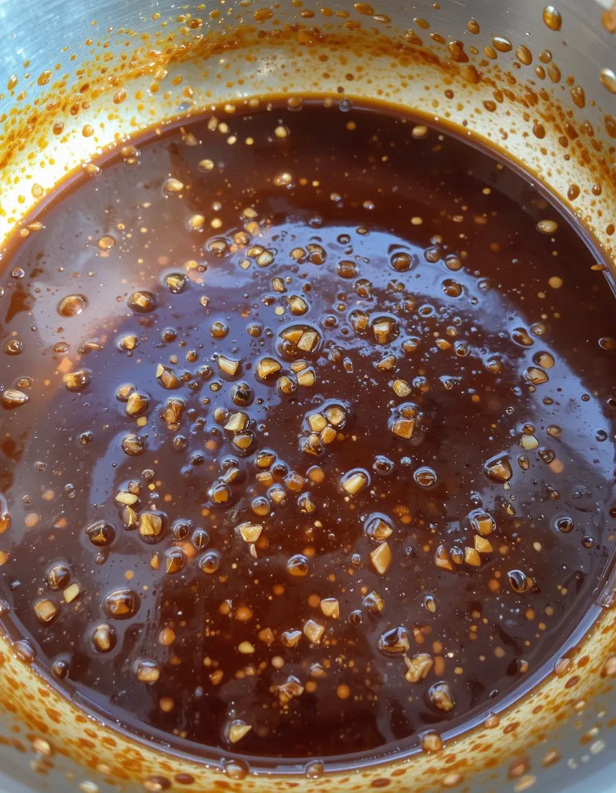 A spoon pouring thick, glossy Mongolian sauce over crispy chicken in a pan, highlighting the caramelized texture and deep color.