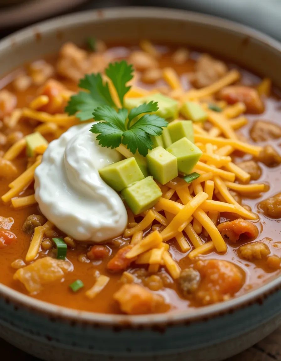 Overhead view of chicken taco soup garnished with cilantro and avocado, showing the glossy, spiced broth with beans, corn, and tomatoes for a delicious prese