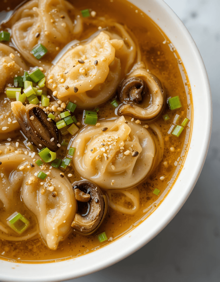 A close-up of a single potsticker resting in a flavorful broth, surrounded by shiitake mushrooms, scallions, and furikake seasoning. The melted toppings create a glossy, inviting look.
