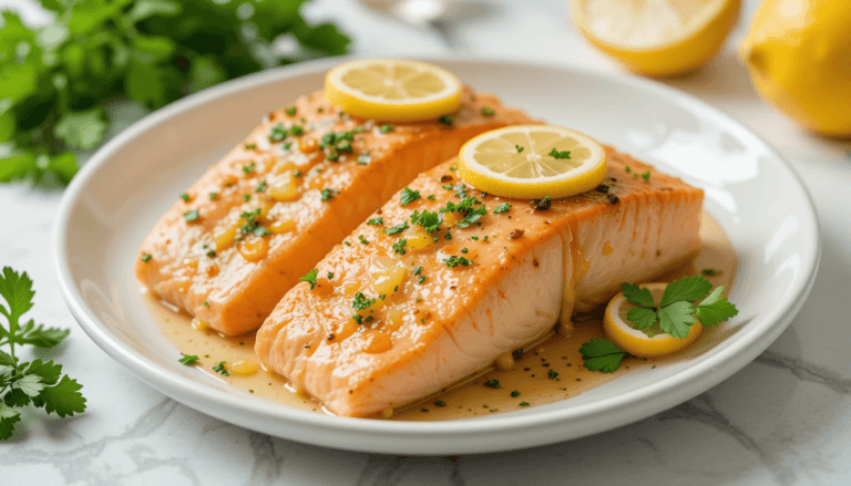 Perfectly air-fried salmon fillets with golden, crispy edges, garnished with fresh dill and a lemon wedge on a white plate.