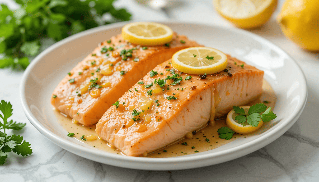 Perfectly air-fried salmon fillets with golden, crispy edges, garnished with fresh dill and a lemon wedge on a white plate.