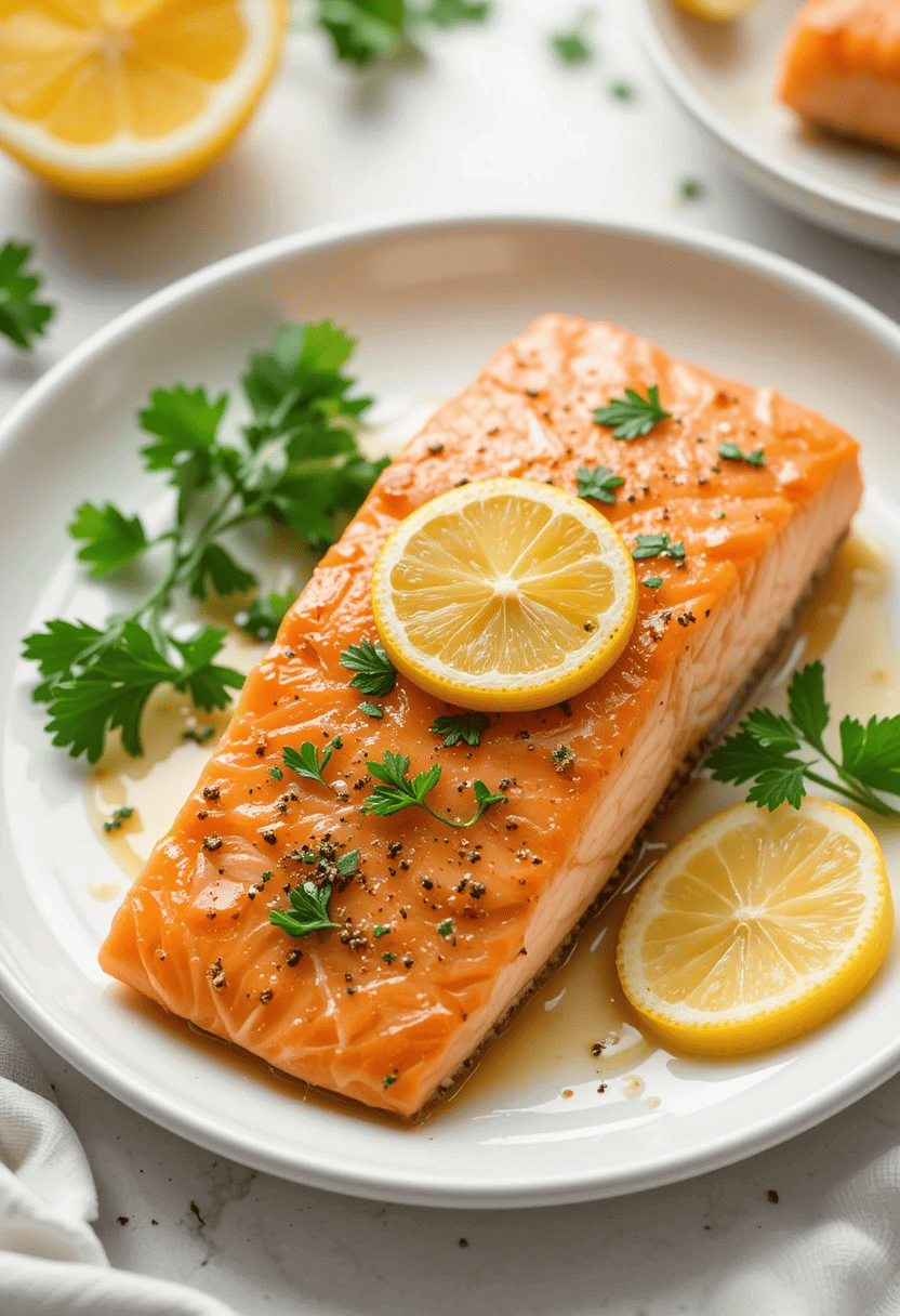 Perfectly air-fried salmon fillets with golden, crispy edges, garnished with fresh dill and a lemon wedge on a white plate.