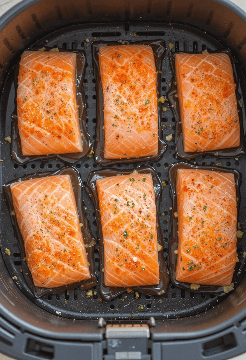 Seasoned salmon fillets arranged in a single layer in the basket of an air fryer, ready to cook.