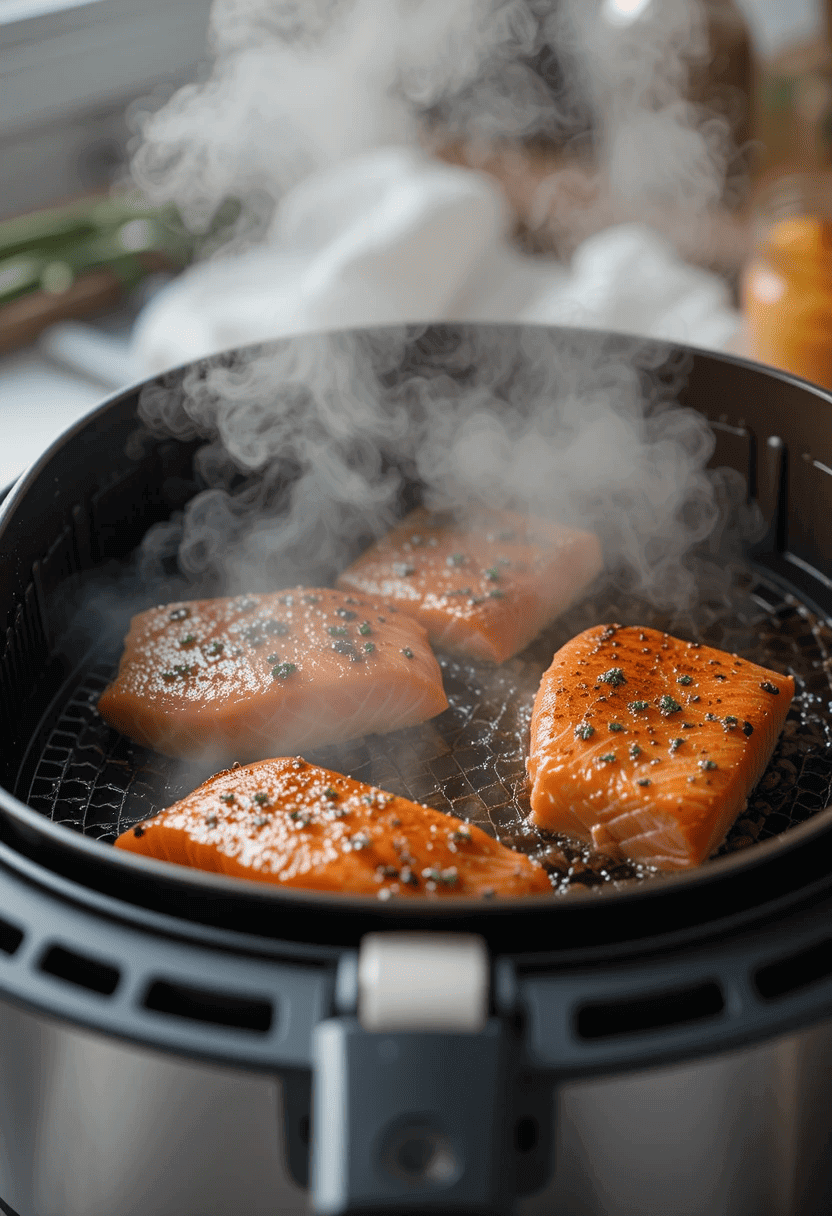 Golden salmon fillets sizzling in the air fryer basket with crispy edges forming.