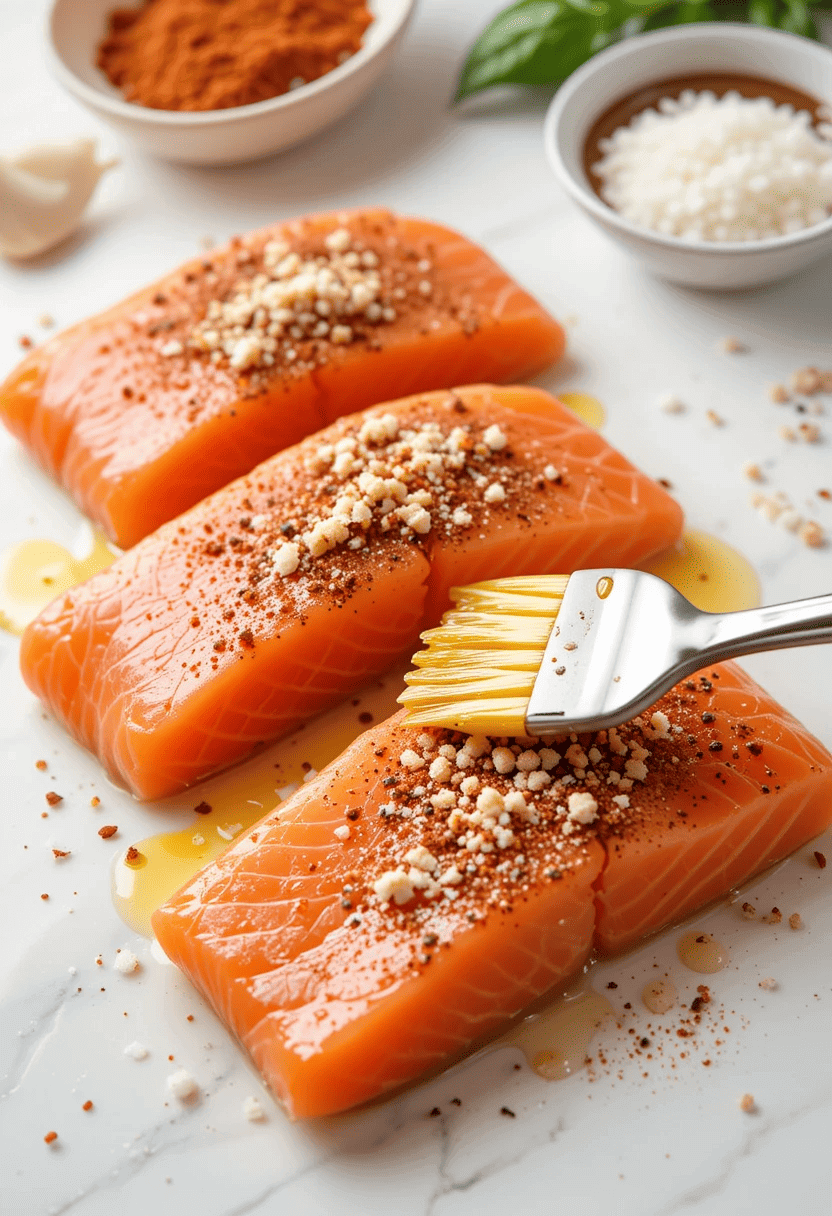 Raw salmon fillets brushed with olive oil and sprinkled with garlic powder, paprika, salt, and pepper on a white surface.
