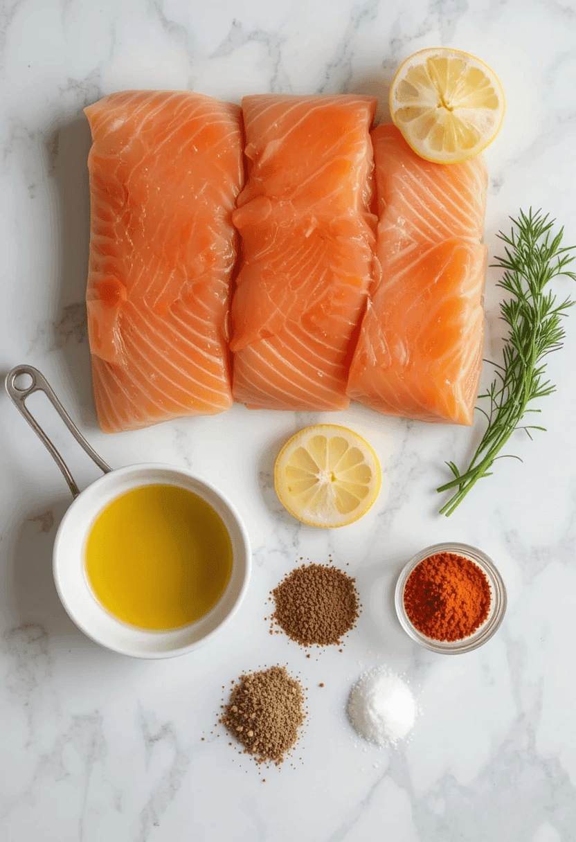 Ingredients for air fryer salmon: raw salmon fillets, olive oil, garlic powder, paprika, salt, pepper, lemon wedges, and fresh dill on a white counter.