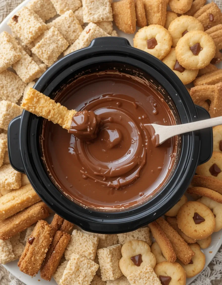 Simple serving of chocolate fondue paired with creative dippers like shortbread cookies and pineapple chunks.