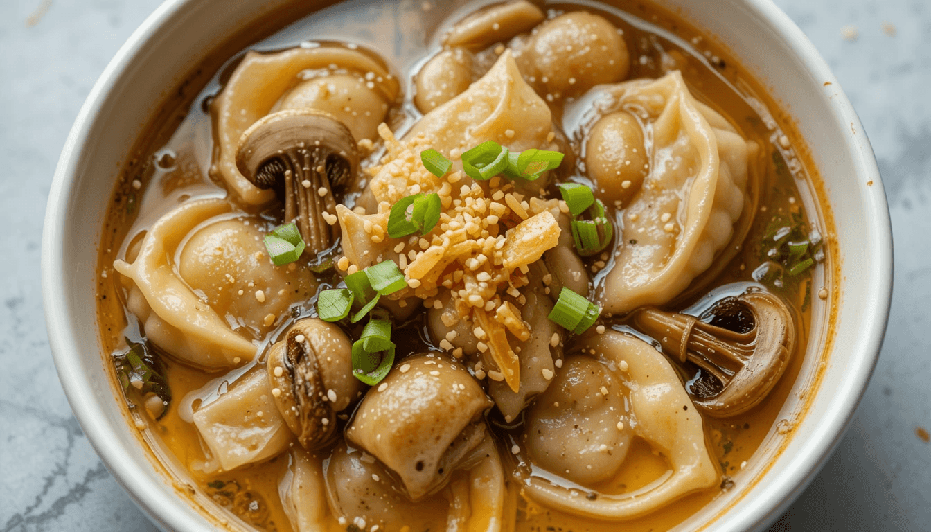 A cozy bowl of homemade potsticker soup with a clear, golden broth. The soup is topped with tender potstickers, shiitake mushrooms, scallions, and a sprinkle of furikake and sesame seeds melting into the surface.