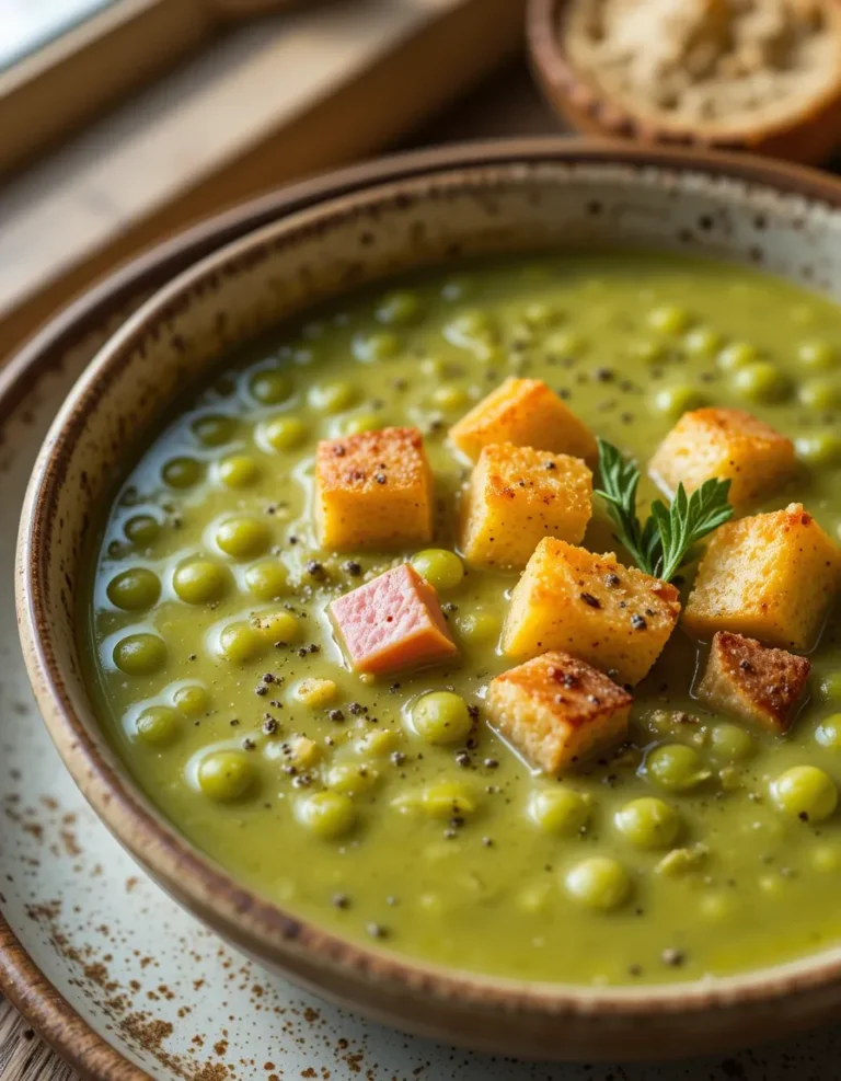 A ladle lifting a creamy serving of split pea soup with diced ham, carrots, and peas from a Dutch oven.