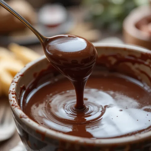 Top view of a saucepan with partially melted chocolate, cream, and milk, highlighting the fondue preparation process.