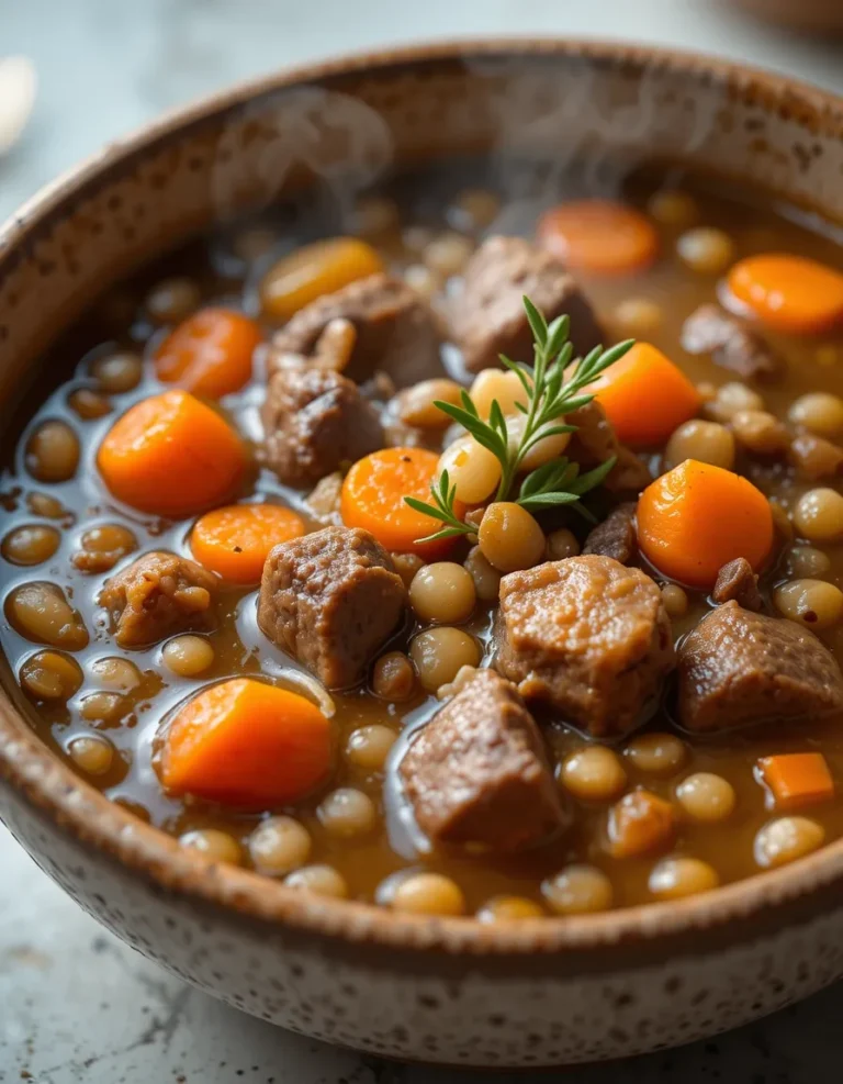 Slow-braised beef chunks in a thick, hearty barley soup with carrots.