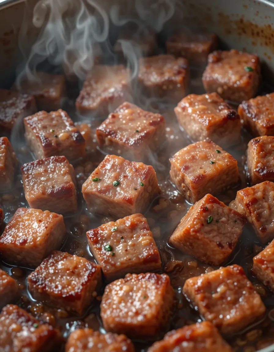 Searing beef chunks in a pot for beef barley soup preparation.
