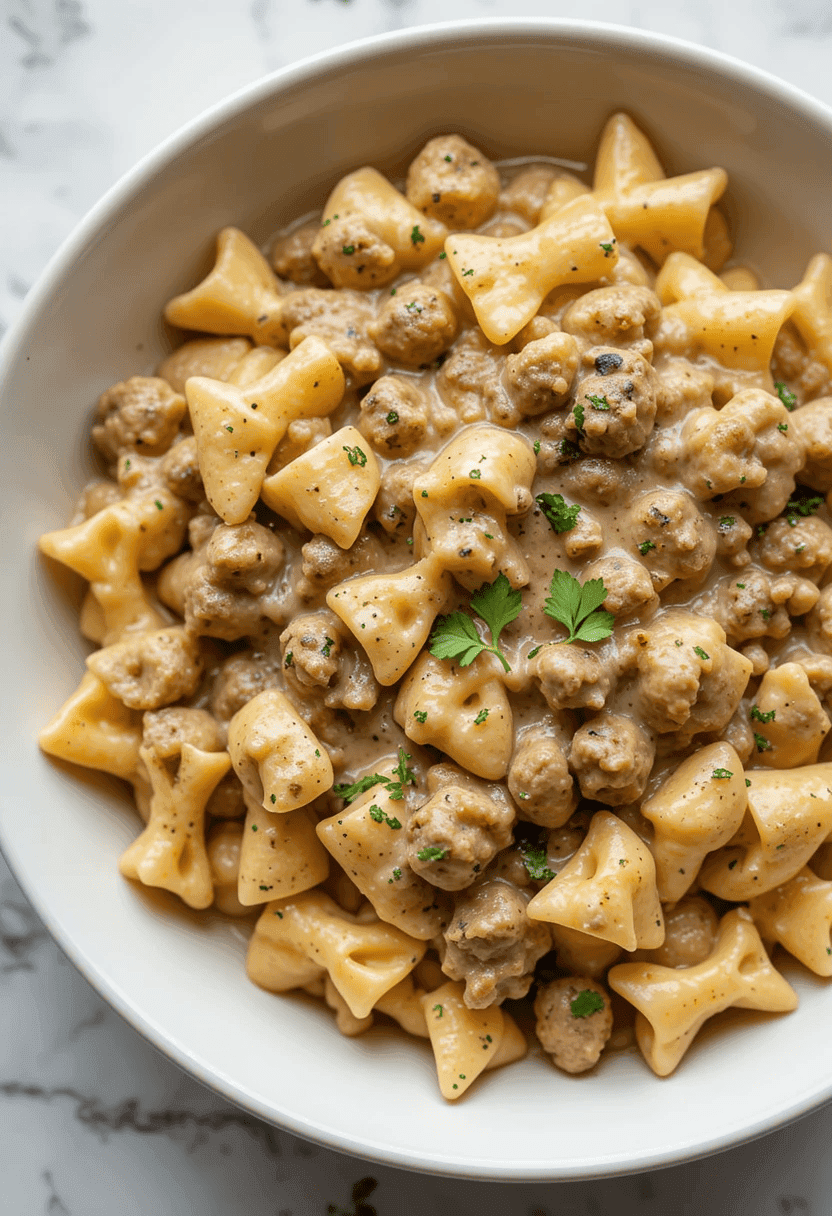 A bowl of creamy beef and bowtie pasta, richly coated in a velvety cream sauce with bits of ground beef and garnished with fresh parsley, served on a clean white plate with bright, natural lighting for a homemade and inviting look.