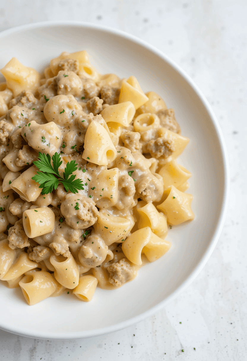 A bowl of creamy beef and bowtie pasta, richly coated in a velvety cream sauce with bits of ground beef and garnished with fresh parsley, served on a clean white plate with bright, natural lighting for a homemade and inviting look.
