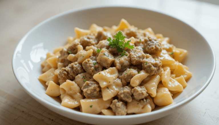 A bowl of creamy beef and bowtie pasta, richly coated in a velvety cream sauce with bits of ground beef and garnished with fresh parsley, served on a clean white plate with bright, natural lighting for a homemade and inviting look.