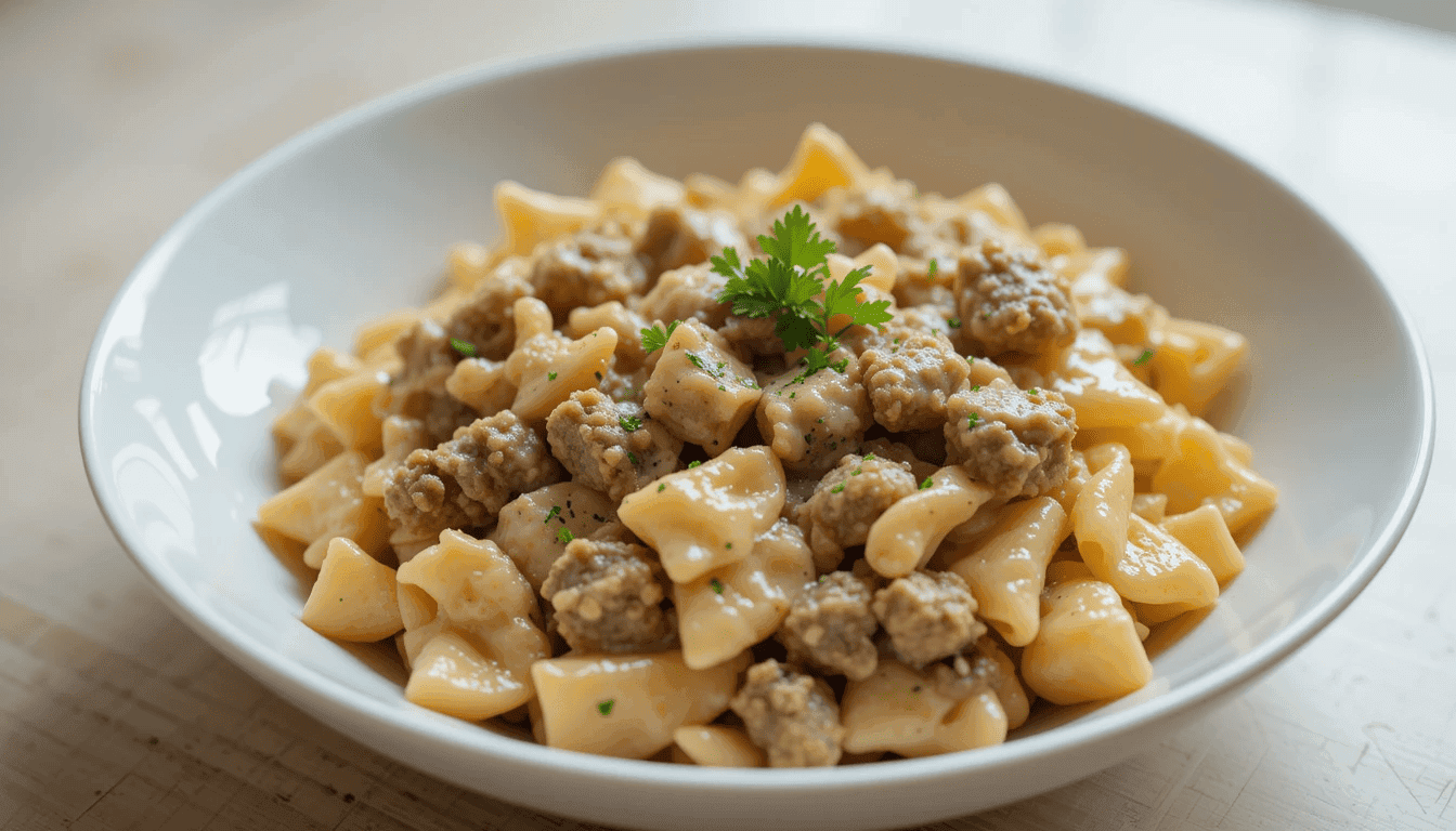 A bowl of creamy beef and bowtie pasta, richly coated in a velvety cream sauce with bits of ground beef and garnished with fresh parsley, served on a clean white plate with bright, natural lighting for a homemade and inviting look.