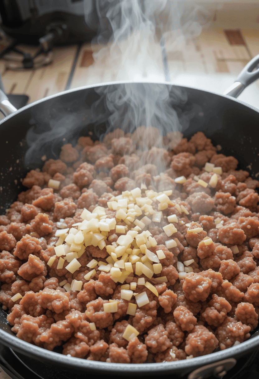 A bowl of creamy beef and bowtie pasta, richly coated in a velvety cream sauce with bits of ground beef and garnished with fresh parsley, served on a clean white plate with bright, natural lighting for a homemade and inviting look.