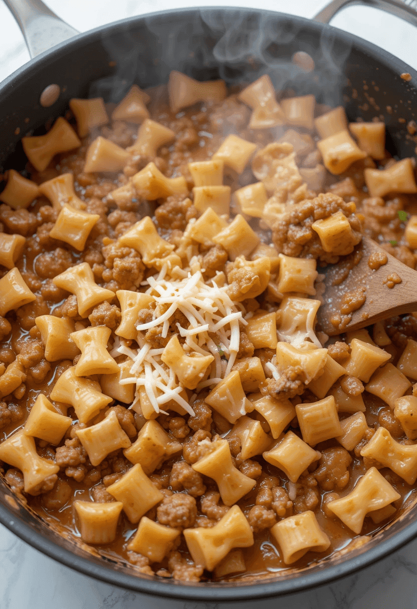 A bowl of creamy beef and bowtie pasta, richly coated in a velvety cream sauce with bits of ground beef and garnished with fresh parsley, served on a clean white plate with bright, natural lighting for a homemade and inviting look.