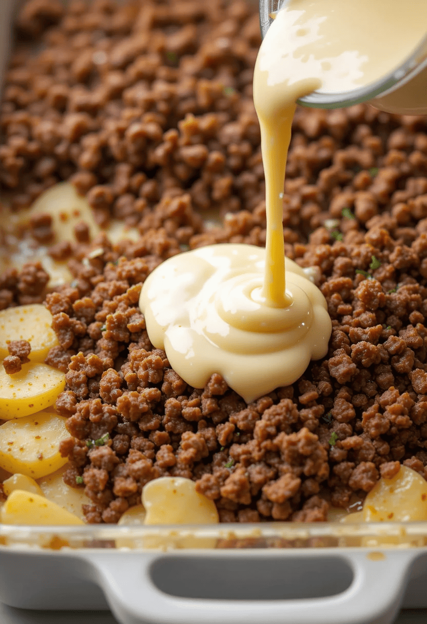 Homemade hamburger potato casserole with golden melted cheese on top, creamy potato layers, and seasoned ground beef in a glass baking dish.