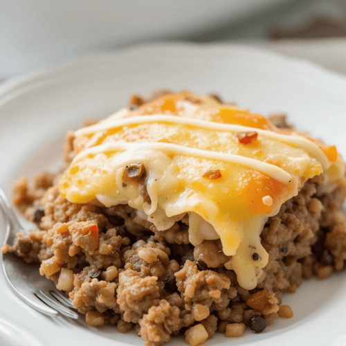 Homemade hamburger potato casserole with golden melted cheese on top, creamy potato layers, and seasoned ground beef in a glass baking dish.