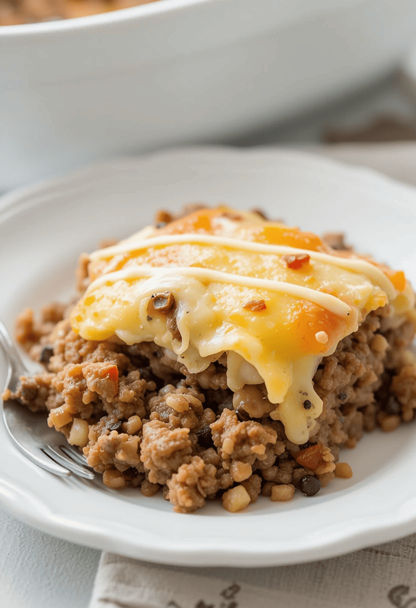 Homemade hamburger potato casserole with golden melted cheese on top, creamy potato layers, and seasoned ground beef in a glass baking dish.