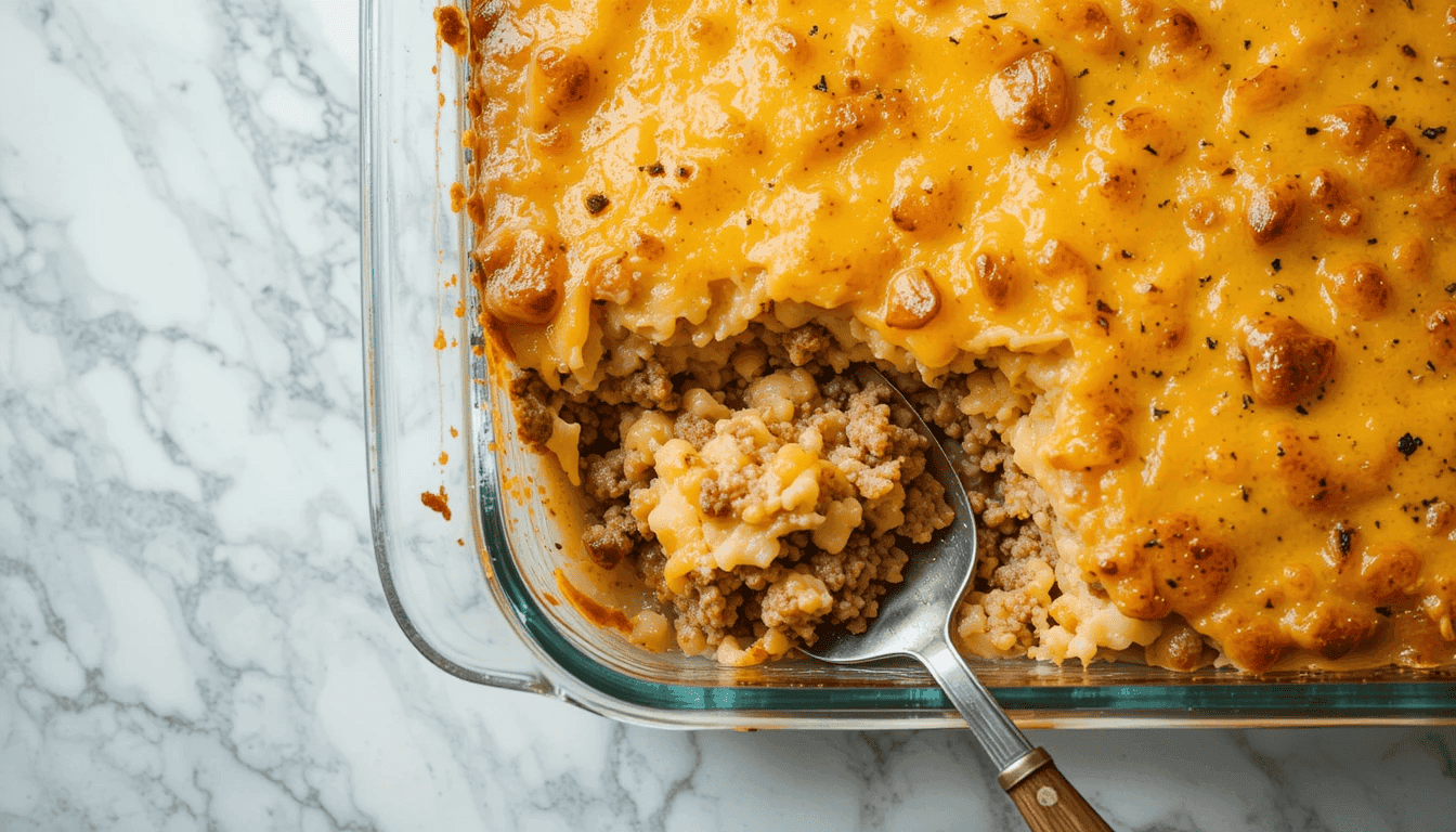 Homemade hamburger potato casserole with golden melted cheese on top, creamy potato layers, and seasoned ground beef in a glass baking dish.