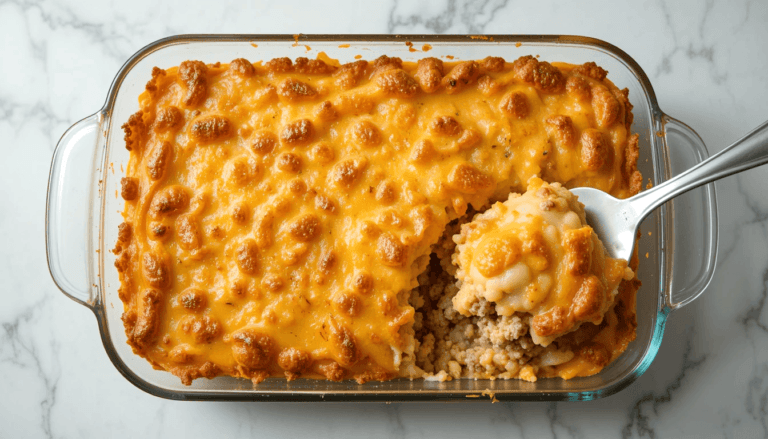 Homemade hamburger potato casserole with golden melted cheese on top, creamy potato layers, and seasoned ground beef in a glass baking dish.