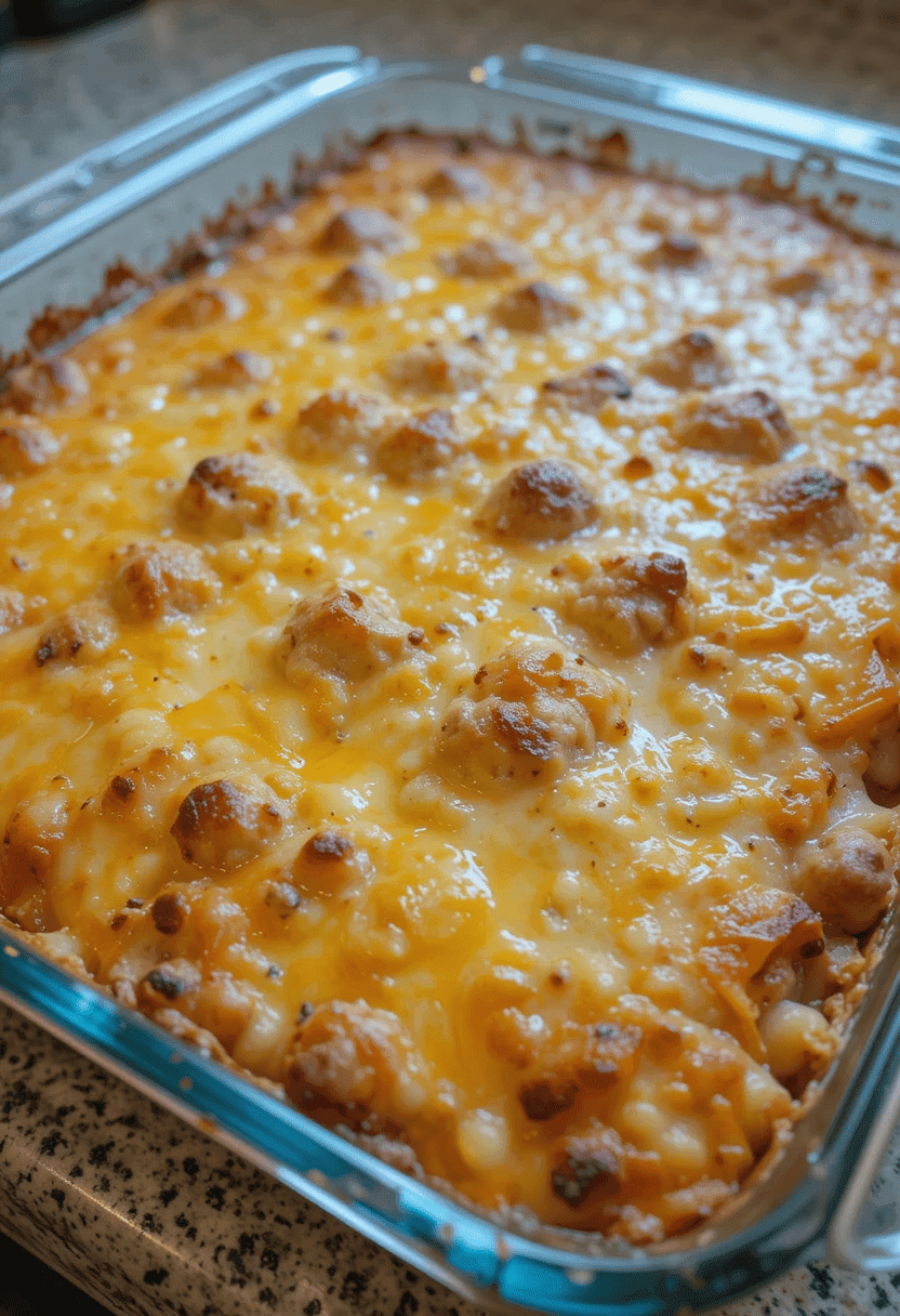 Homemade hamburger potato casserole with golden melted cheese on top, creamy potato layers, and seasoned ground beef in a glass baking dish.