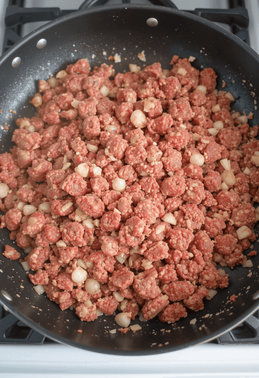 Homemade hamburger potato casserole with golden melted cheese on top, creamy potato layers, and seasoned ground beef in a glass baking dish.