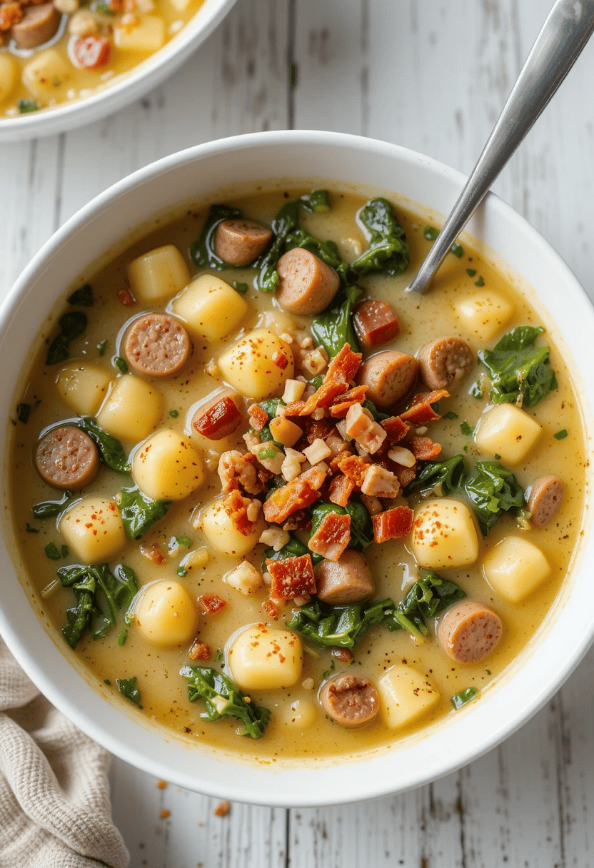 A bowl of creamy sausage tortellini soup with tender tortellini, chunks of sausage, wilted spinach, and a rich, creamy broth, garnished with Parmesan cheese and fresh herbs