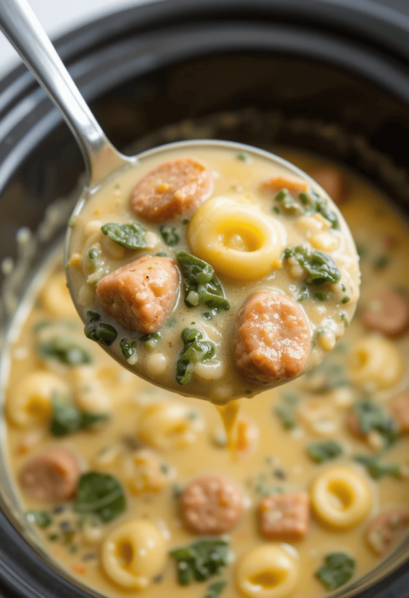A bowl of creamy sausage tortellini soup with tender tortellini, chunks of sausage, wilted spinach, and a rich, creamy broth, garnished with Parmesan cheese and fresh herbs