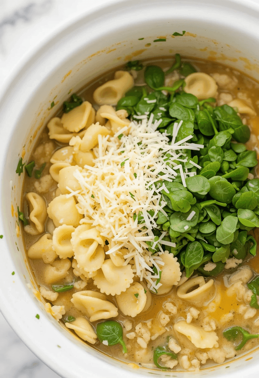 A bowl of creamy sausage tortellini soup with tender tortellini, chunks of sausage, wilted spinach, and a rich, creamy broth, garnished with Parmesan cheese and fresh herbs