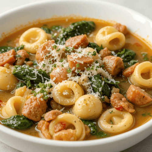 A bowl of creamy sausage tortellini soup with tender tortellini, chunks of sausage, wilted spinach, and a rich, creamy broth, garnished with Parmesan cheese and fresh herbs